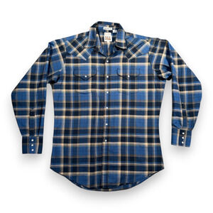 Vintage Ely Cattleman Western Shirt Adult LARGE Blue Brown Plaid Pearl Snap 90s